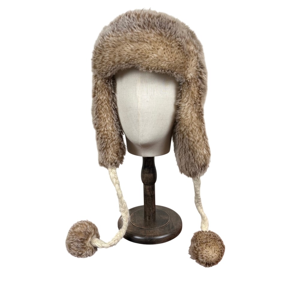 American Eagle Outfitters Faux Fur Trapper Hat Brown Pom Pom Ear Flaps Cossack